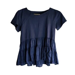Anthropologie Liona‎ Flounce Mixed Media Midnight Blue Ruffle Blouse Size XS